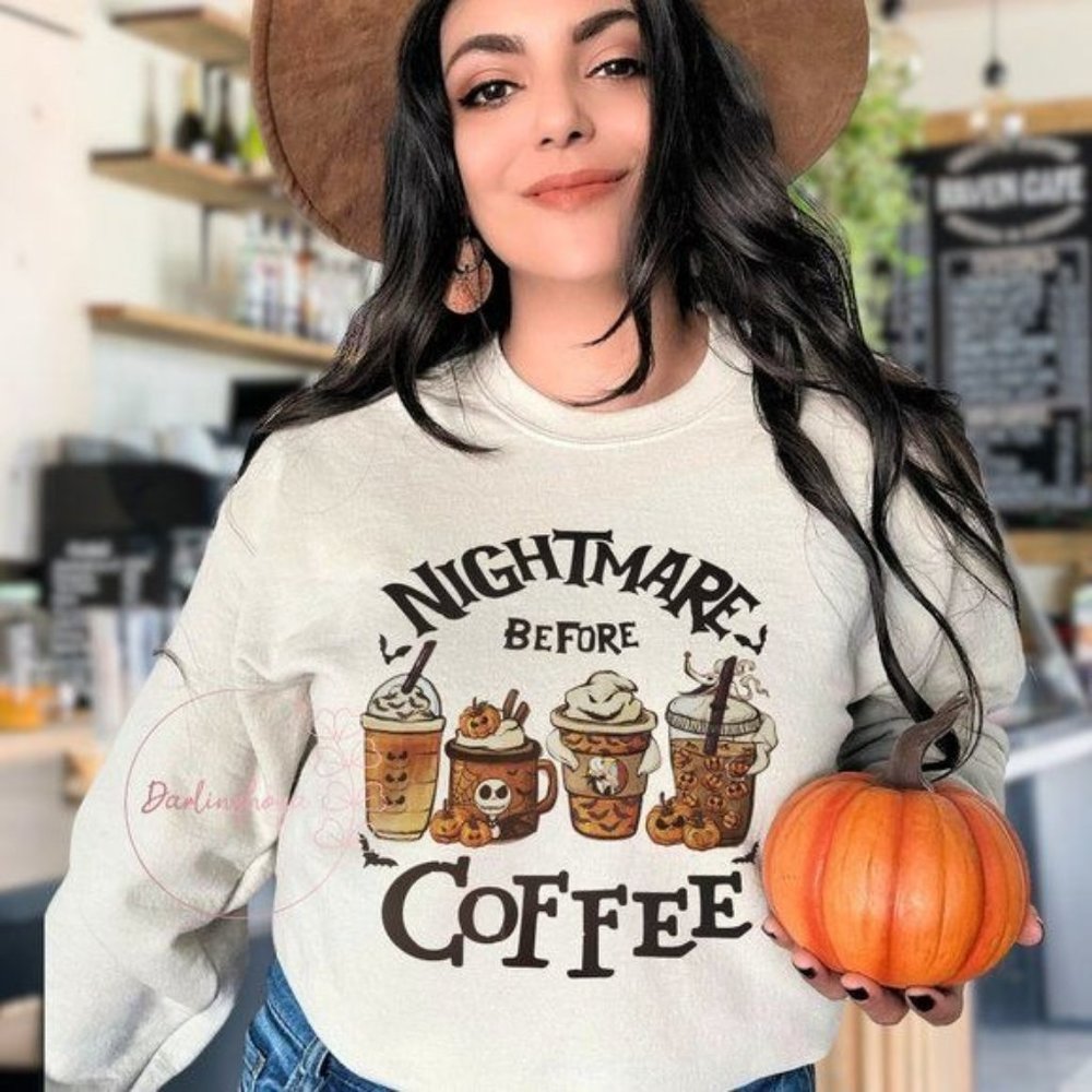 Nightmare Before Coffee Graphic Crew Neck Sweatshirt - Sand